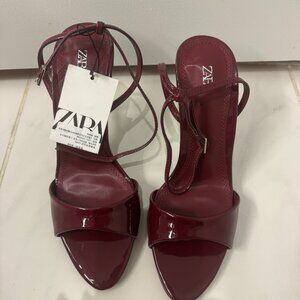Zara Strappy Maroon & Silver Heeled Sandals – Size 36 – New (Never Worn)